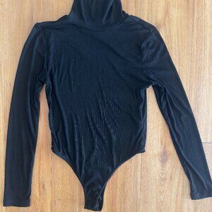 Ribbed Knit High Neck Long Sleeve Button Work Bodysuit